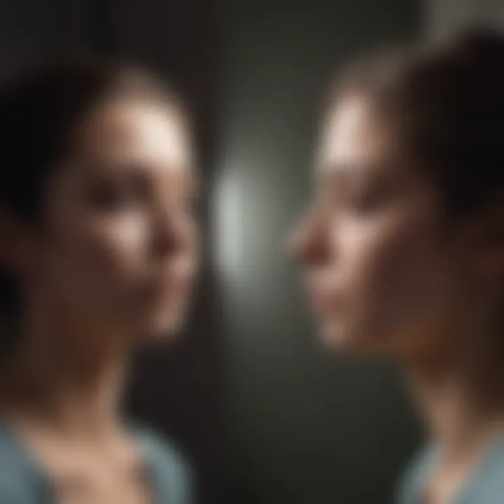 Surreal portrayal of a figure gazing at a mirror reflection with tears, reflecting on inner self-discovery