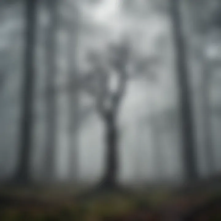 Artistic representation of a withered tree in a misty forest, signifying resilience in times of melancholy