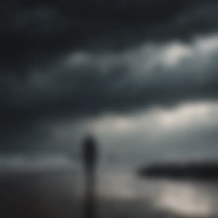 Illustration of a solitary figure standing under a dark, stormy sky