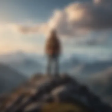 Achieving Clarity and Strength A person standing tall on a mountain peak, embodying triumph over self-doubt.