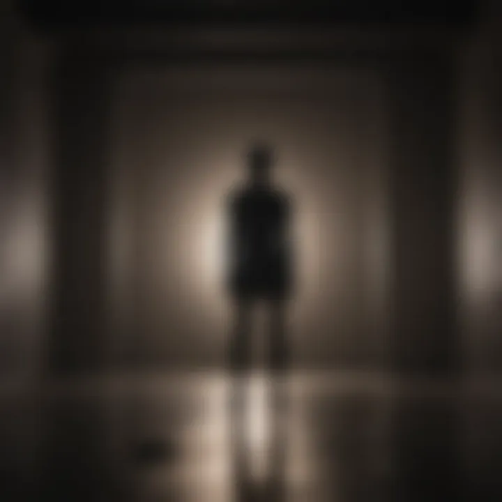 Silhouette of a person standing in a dark room looking at a glowing light symbolizing self-discovery