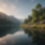 A serene landscape with gentle hills and a calm lake reflecting the sky