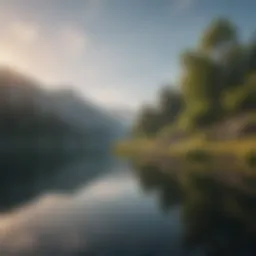A serene landscape with gentle hills and a calm lake reflecting the sky
