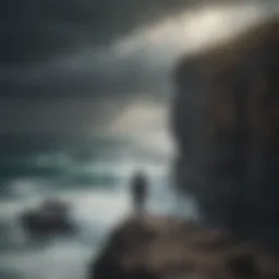 A solitary figure standing on a cliff overlooking a stormy sea