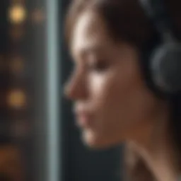 A contemplative figure lost in thought while listening to music