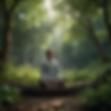 A person meditating in a peaceful environment surrounded by greenery