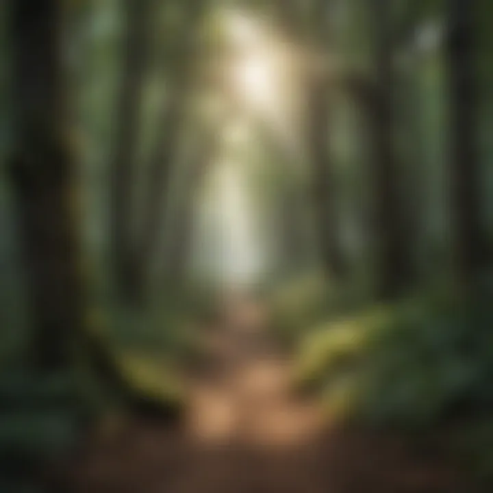 Path leading through a dense forest with sunlight filtering through the trees