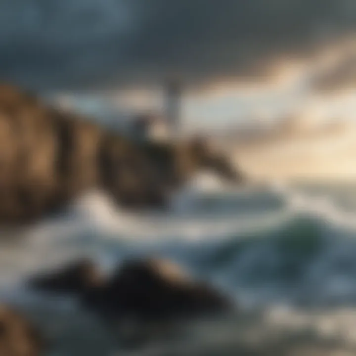 Ocean waves crashing against rocks with a lighthouse in the distance