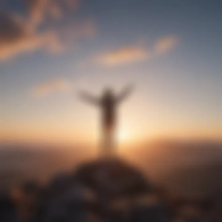 Woman standing confidently on mountaintop at sunrise