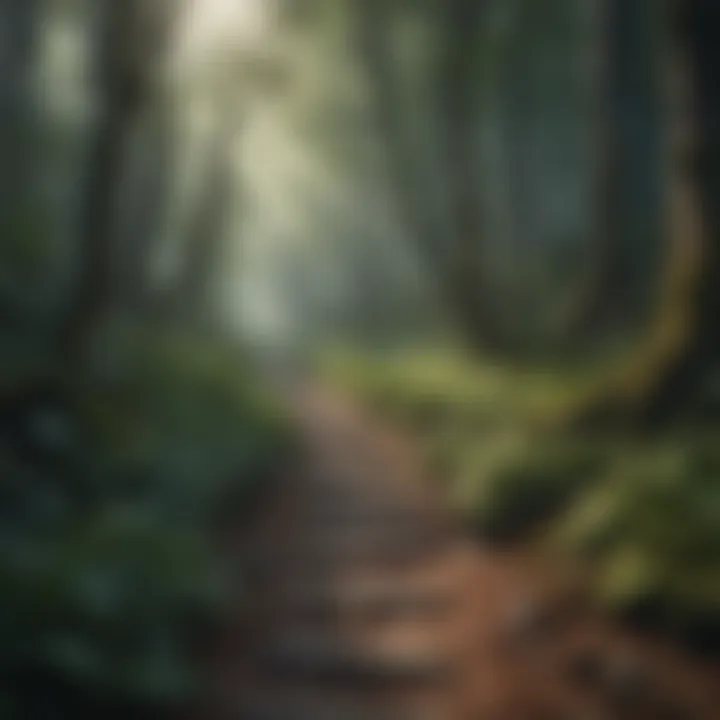 A winding path through a dense forest, representing the journey through the realms of sadness and self-discovery.