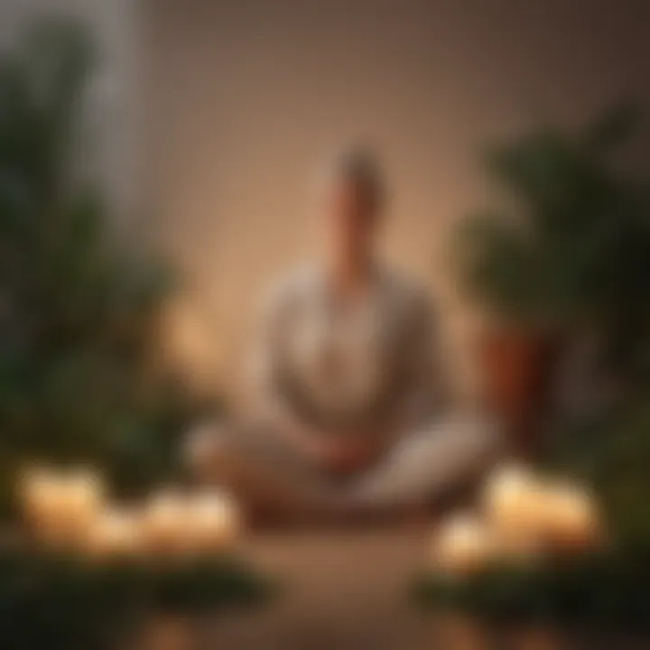 A person sitting in a meditative pose surrounded by candles and plants.