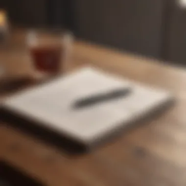 An open journal with a pen resting beside it on a wooden table.