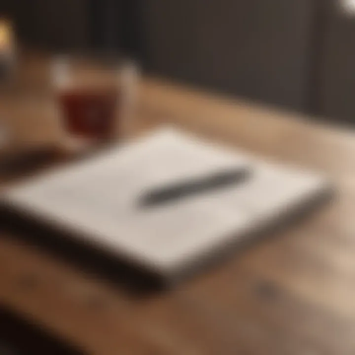 An open journal with a pen resting beside it on a wooden table.