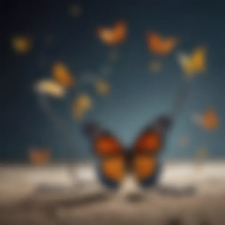 Artistic interpretation of thoughts as colorful butterflies breaking free from chains