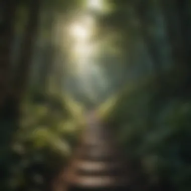 A path through a lush forest leading towards a bright horizon