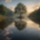 A serene landscape with a tranquil lake reflecting the sky