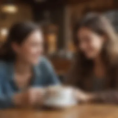 A close-up of two individuals sharing a laugh over coffee in a cozy café.