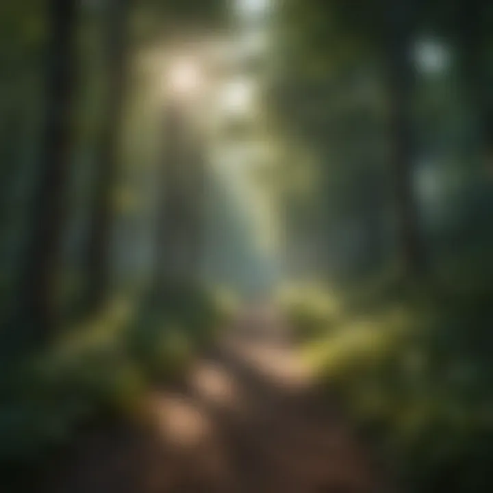 Peaceful Forest Path Surrounded by Towering Trees and Dappled Sunlight