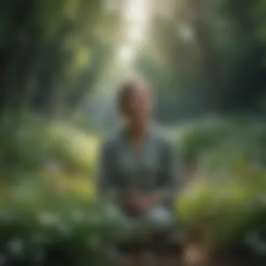 A person practicing mindfulness in nature, surrounded by greenery and flowers