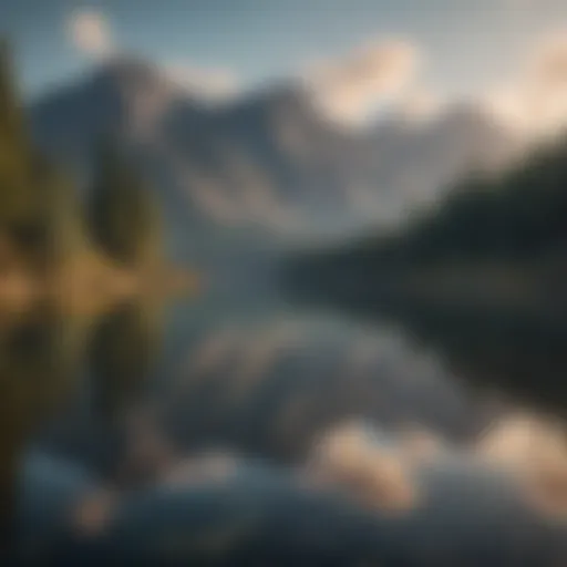 A serene landscape with a tranquil lake and mountains reflecting on the water