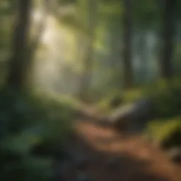 Tranquil forest landscape with sunlight filtering through trees