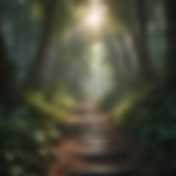 A path leading through a dense forest towards sunlight