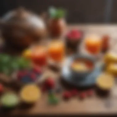 Fresh fruits and herbal tea on a wooden table