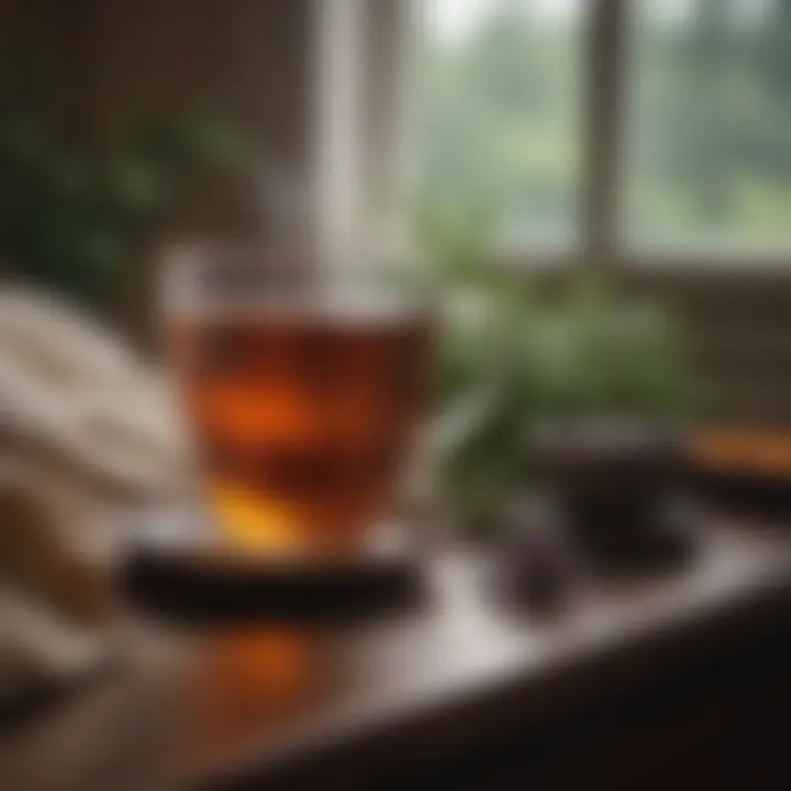 A calming herbal tea cup on a bedside table