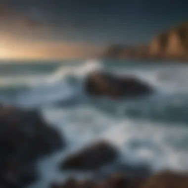 Gentle waves crashing on a rocky shore under a starry night sky