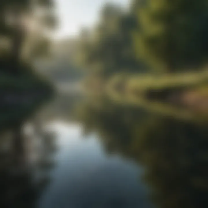 A serene landscape with a calm river and lush greenery