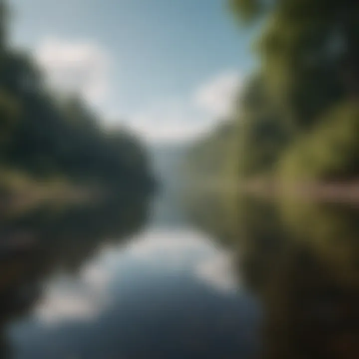 A serene landscape with a tranquil lake reflecting the sky