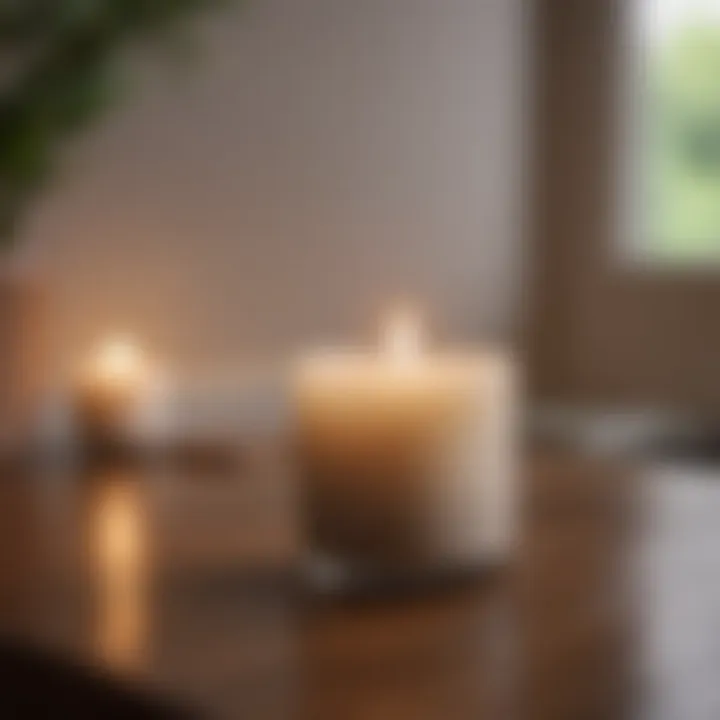 A close-up of a candle illuminating a tranquil room