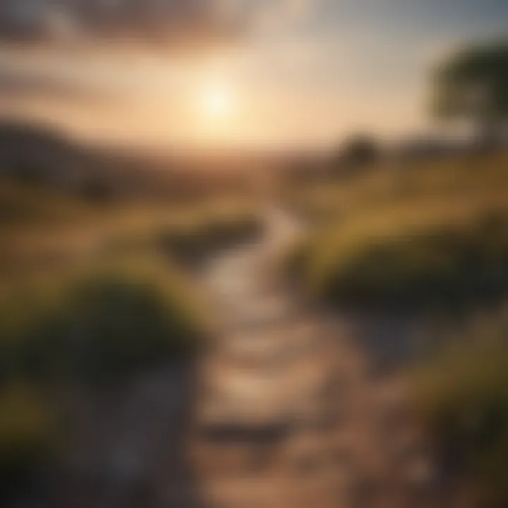 A serene landscape with a winding path leading towards a bright horizon