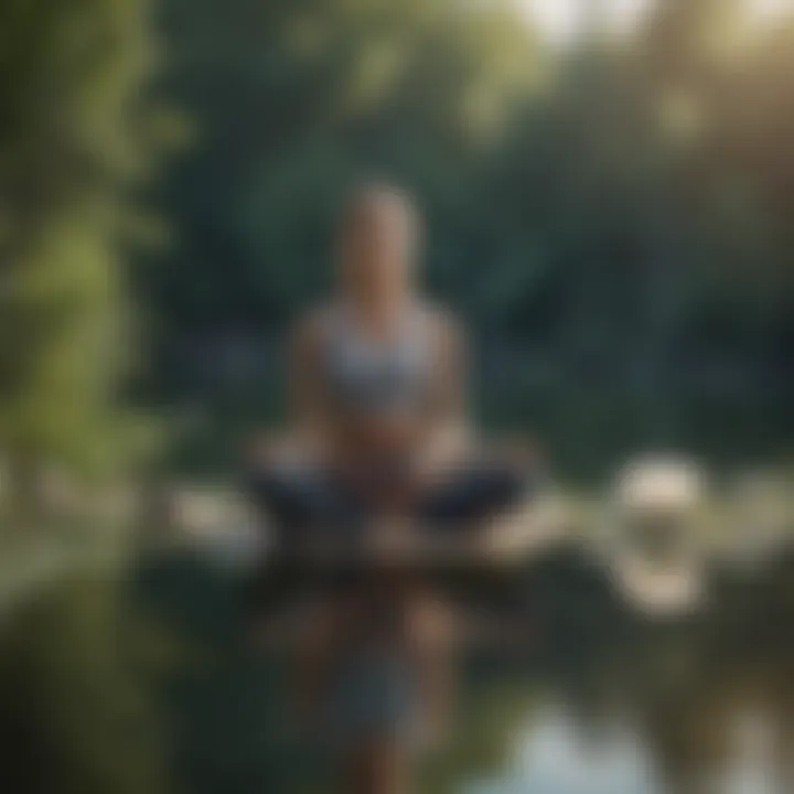 Meditative person in lotus position by calm lake