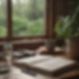 A serene workspace with a journal, pen, and calming elements
