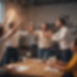 A vibrant team celebration in an office environment, showcasing diverse team members engaging in a fun reward activity.