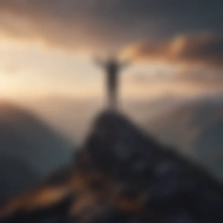 Silhouette of a person standing on a mountain peak with arms raised to the sky