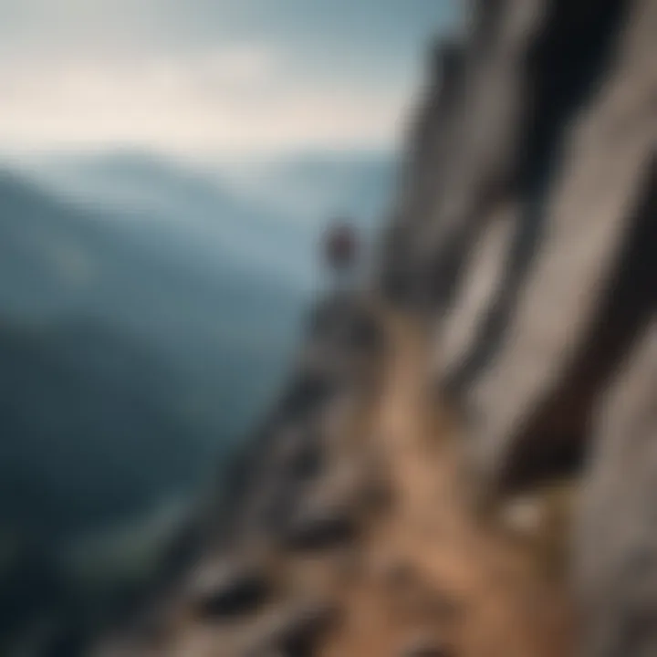 A person climbing a mountain towards the summit