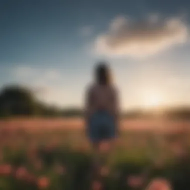 Person standing in a field of flowers, looking towards the sky