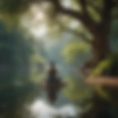 Person meditating under a peaceful tree by a serene lake