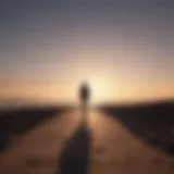 Silhouette of a person walking away towards the horizon