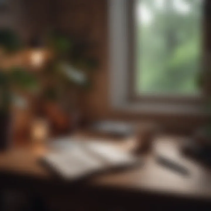 Person practicing mindfulness with journal and pen in cozy corner