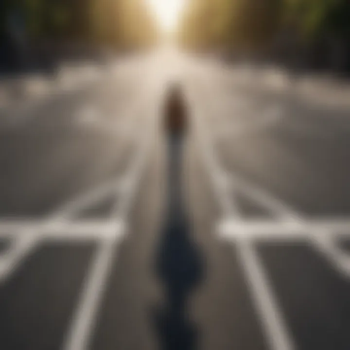 Visual representation of a person standing at a crossroad with multiple paths to choose from