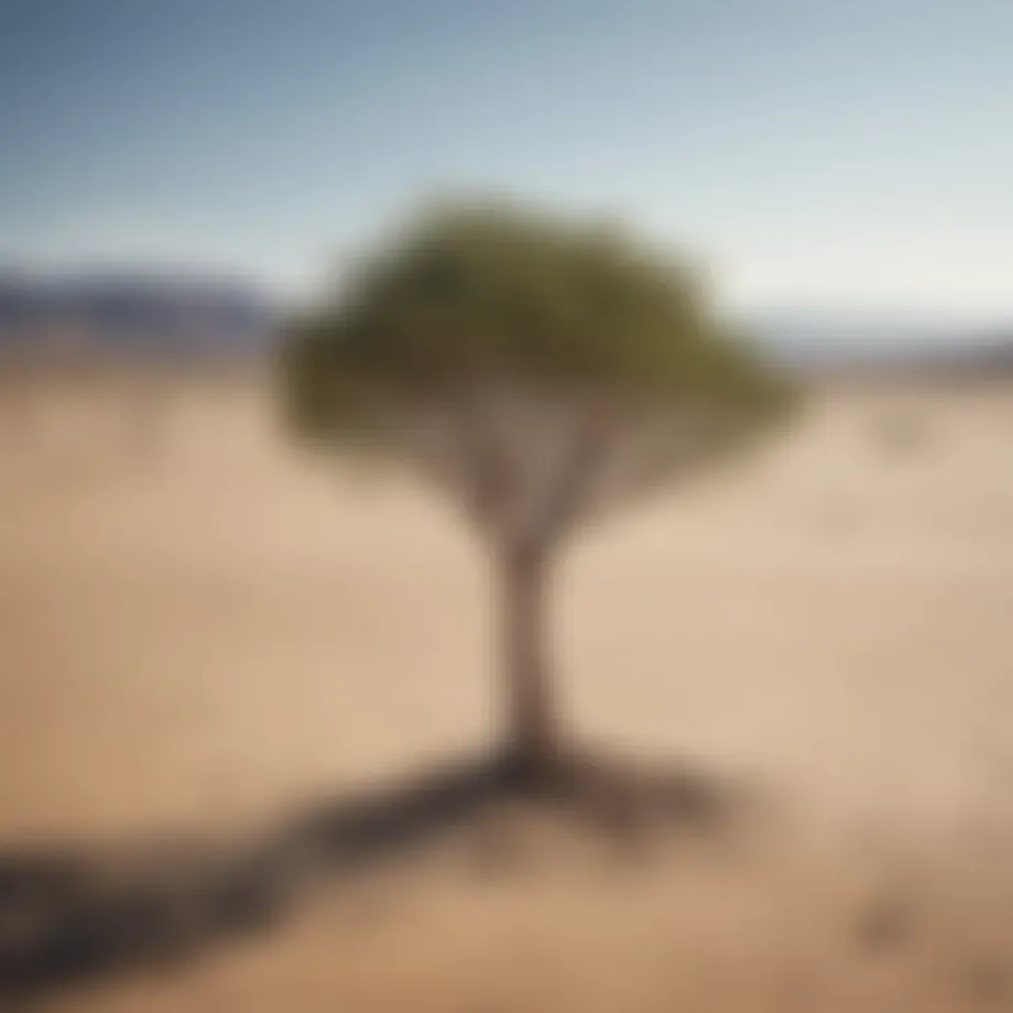 Abstract concept of loneliness represented by a single tree in a vast desert landscape