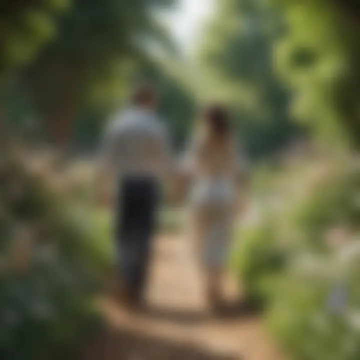 Couple walking hand in hand through a blooming garden