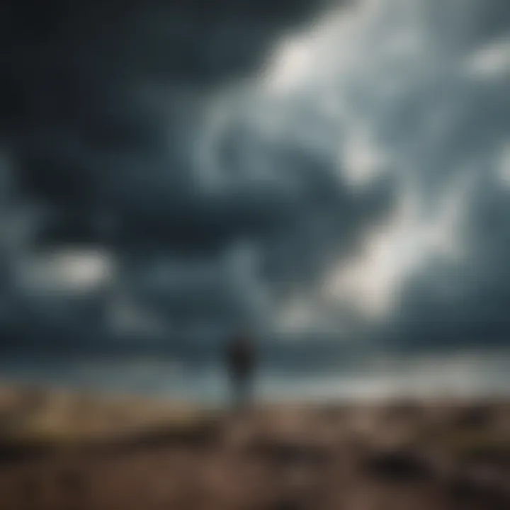 Person surrounded by storm clouds with clear sky above