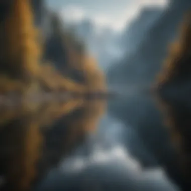 A tranquil lake reflecting the surrounding mountains