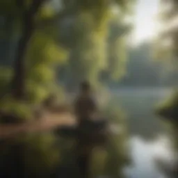 Person practicing mindful meditation by a serene lake