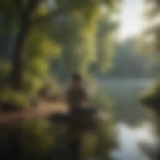 Person practicing mindful meditation by a serene lake