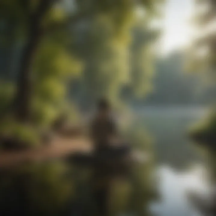 Person practicing mindful meditation by a serene lake